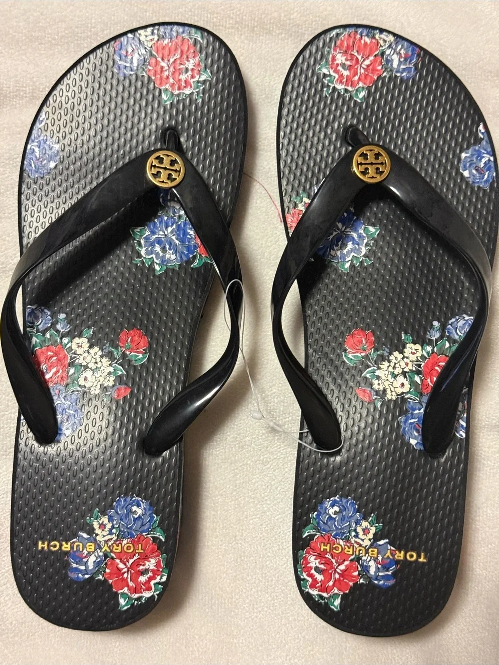 Tory Burch Black Floral Jelly Flip-Flops with Gold Logo NWOT